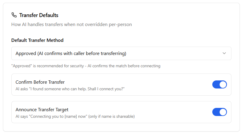 PhoneFlow tenant-level transfer defaults with Approved transfer method, confirm-before-transfer, and announce-transfer-target toggles